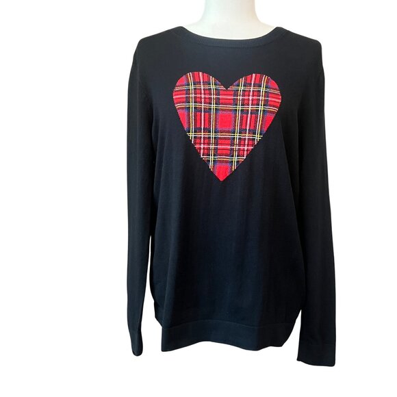 J.Crew Black Tartan Plaid Heart Cotton Crewneck Sweater Women’s Large Pullover - Picture 1 of 4